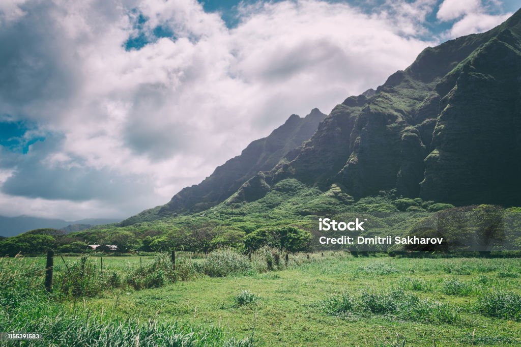 Kualoa mountain range view, famous filming location on Oahu island, Hawaii Kualoa Stock Photo