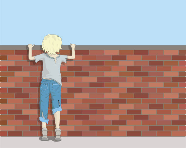 ilustraciones, imágenes clip art, dibujos animados e iconos de stock de pobre boy mirando sobre ladrillo pared - brick wall homelessness wall begging