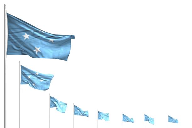 beautiful many Micronesia flags placed diagonal isolated on white with space for your text - any occasion flag 3d illustration
