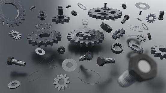 3D Rendering Gears on Rreflected Metal Background, Abstract Technical Background