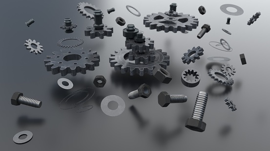 3D Rendering Gears on Rreflected Metal Background, Abstract Technical Background