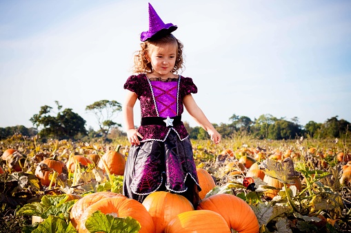 Happy Halloween! Cute cheerful little witch with a magic wand. Beautiful child girl in witch costume sitting on the big pumpkin, conjuring and laughing.