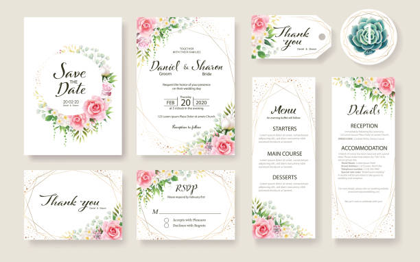 illustrazioni stock, clip art, cartoni animati e icone di tendenza di biglietto di invito al matrimonio floreale, salva la data, grazie, rsvp, etichetta da tavolo, modello di tage. fiore di rosa, piante succulente e verdi. - wedding card