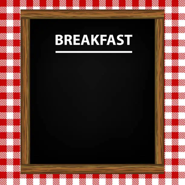 Vector illustration of Breakfast Menu Blackboard On Red Gingham Pattern Background