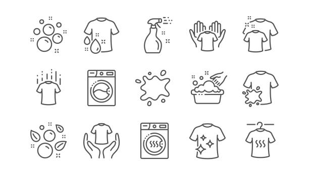 ilustraciones, imágenes clip art, dibujos animados e iconos de stock de iconos de línea de lavandería. secadora, lavadora y camisa de tierra. conjunto lineal. vector - lavar