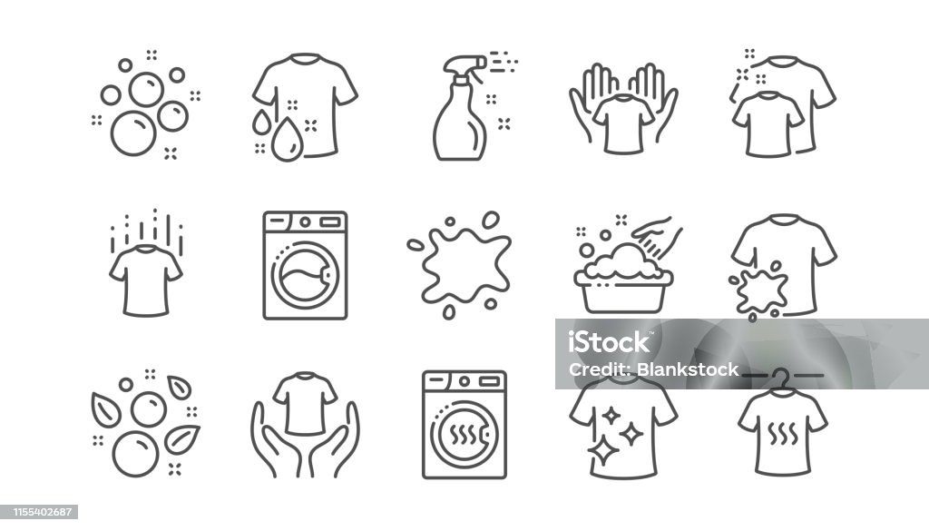 Icone della linea di lavanderia. Asciugatrice, Lavatrice e camicia di sporco. Set lineare. Vettore - arte vettoriale royalty-free di Icona