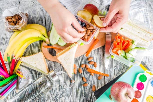 Mother preparing school lunch box Mother cooking school lunch box set, Preparing healthy snacks - cheese sandwich with cucumber, carrot. nuts, fruits and vegetable in box. packed lunch photos stock pictures, royalty-free photos & images