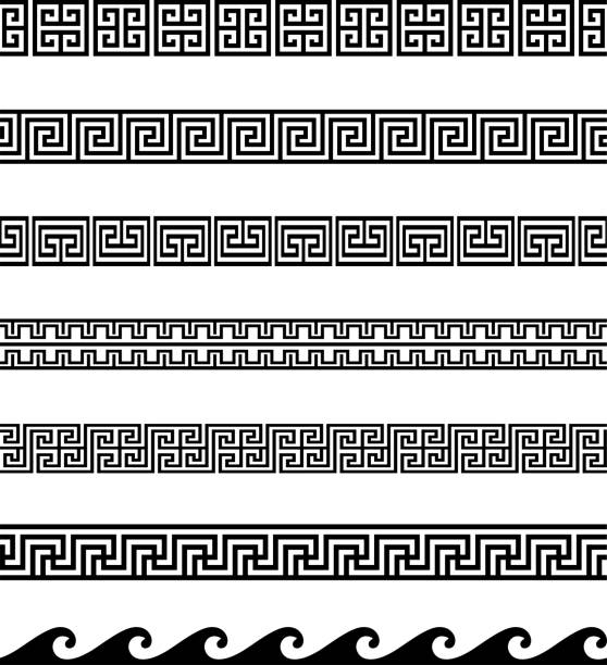 kolekcja greckich key / meander geometryczne obramowania ozdobne. bezszwowy zestaw dekoracyjny w kolorze czarnym. - swastyka hinduska stock illustrations
