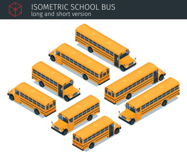 isometric school bus Isometric school bus. Short and long version. Modern vector illustration empty school bus stock illustrations