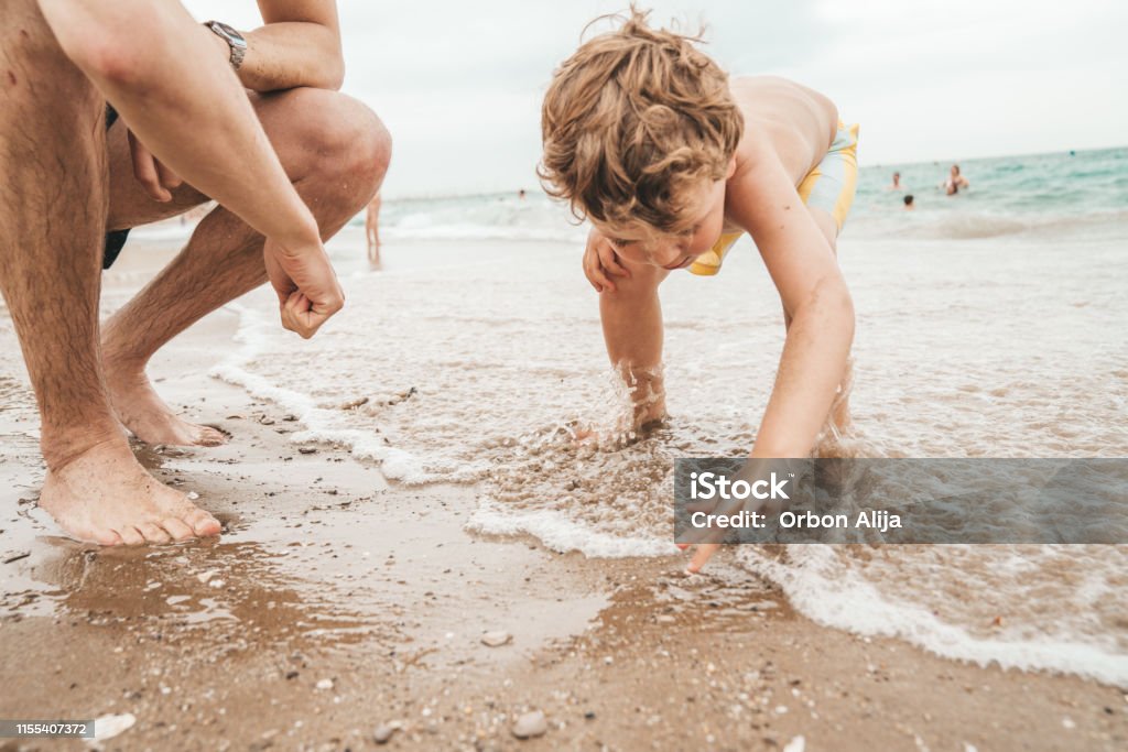 Boy looking at small crabs at the beach 4-5 Years Stock Photo