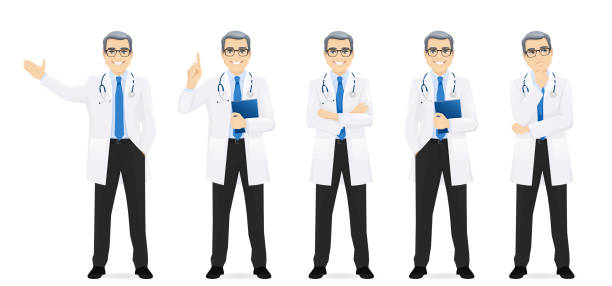 ilustraciones, imágenes clip art, dibujos animados e iconos de stock de médico masculino establecido - scientist lab coat doctor male