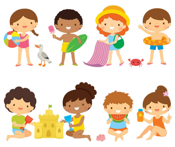 ilustrações de stock, clip art, desenhos animados e ícones de kids at the beach clipart set - vector sand summer smiling