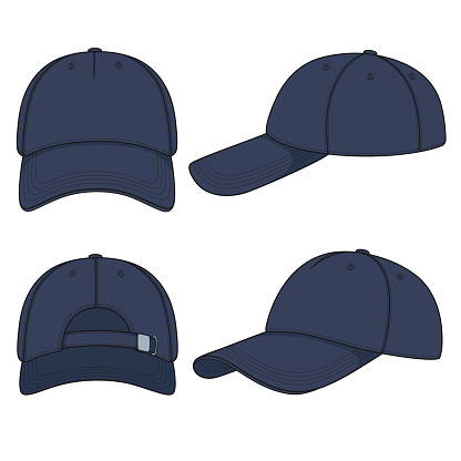 Set of color illustrations with a blue denim baseball cap. Isolated vector objects on white background.