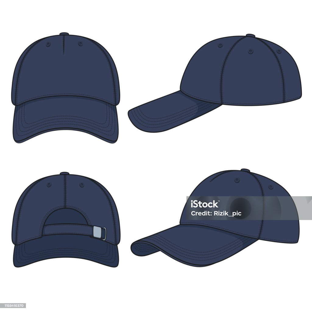 Set of color illustrations with a blue denim baseball cap. Isolated vector objects. Set of color illustrations with a blue denim baseball cap. Isolated vector objects on white background. Hat stock vector