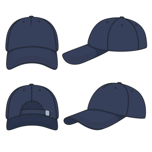 Set of color illustrations with a blue denim baseball cap. Isolated vector objects. Set of color illustrations with a blue denim baseball cap. Isolated vector objects on white background. clothing illustrations stock illustrations