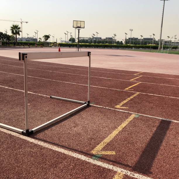 istock Closeup of a single Athletics hurdle around a running track 1155412986