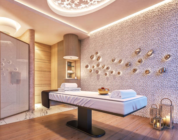 diseño interior moderno de spa, sauna, concepto de vida fina, relajación, renderizado 3d - spa fotografías e imágenes de stock
