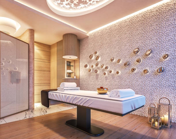 design d'interni moderno di spa, sauna, concetto di vita raffinata, relax, rendering 3d - hotel hotel room bed luxury foto e immagini stock