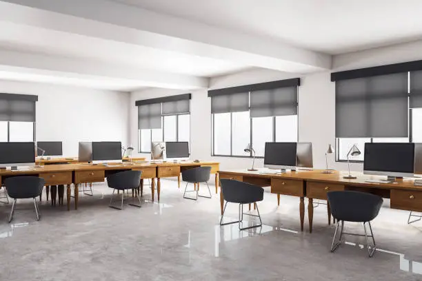 Clean concrete coworking office interior. Workplace and design concept. 3D Rendering