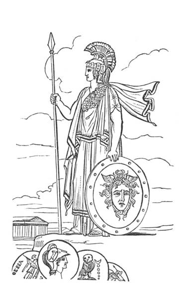 ilustrações de stock, clip art, desenhos animados e ícones de antique roman goddess illustrations - minerva - cobra engraving antique retro revival