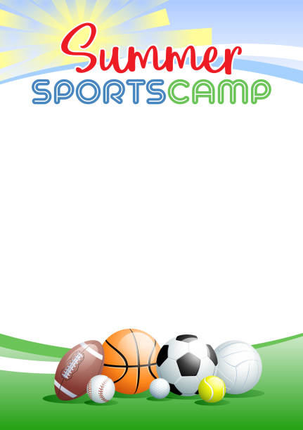 plakat z szablonem summer sports camp. ilustracja wektorowa. - tennis ball american football football stock illustrations