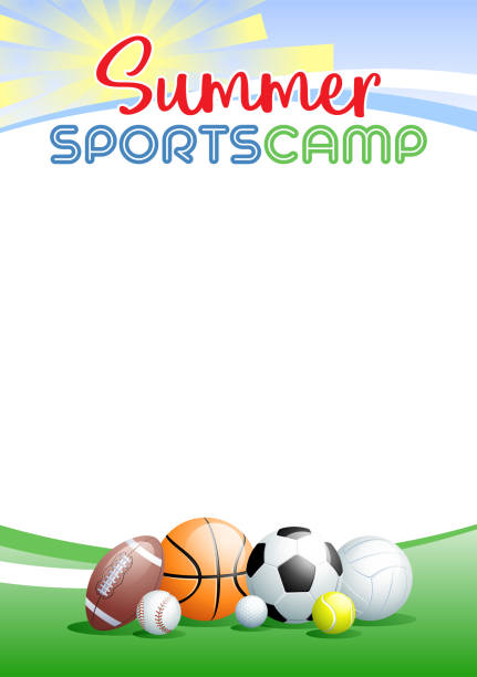 Summer Sports Camp Template poster. Vector illustration. Summer Sports Camp. Template poster with different Sports Balls. Place for your text message. Vector illustration. junior level stock illustrations