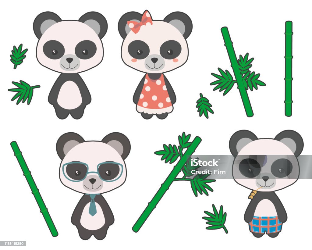 Cartoon Style Cute Giant Panda Bear Girls And Boys With Clothing And Bamboo  Vector Illustration Stock Illustration - Download Image Now - iStock