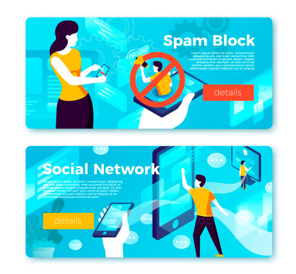 wektor internet spam blok i użytkownik sieci społecznościowej - human hand stop gesture stop sign isometric stock illustrations