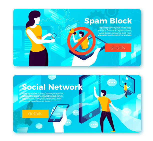 ilustrações de stock, clip art, desenhos animados e ícones de vector internet spam block and social network user - human hand stop gesture stop sign isometric