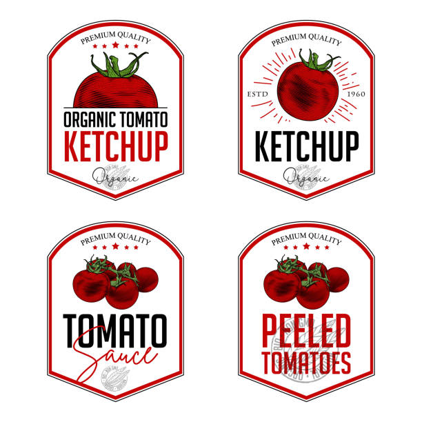 Tomato ketchup, sauce badge label design set. Vector hand drawn illustration of tomatoes in engraving technique. Vintage shield form templates for tomato sauce packaging. ketchup stock illustrations