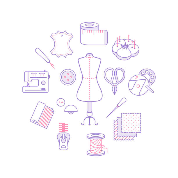 ilustraciones, imágenes clip art, dibujos animados e iconos de stock de los iconos de costura de líneas finas establecen - sewing pattern