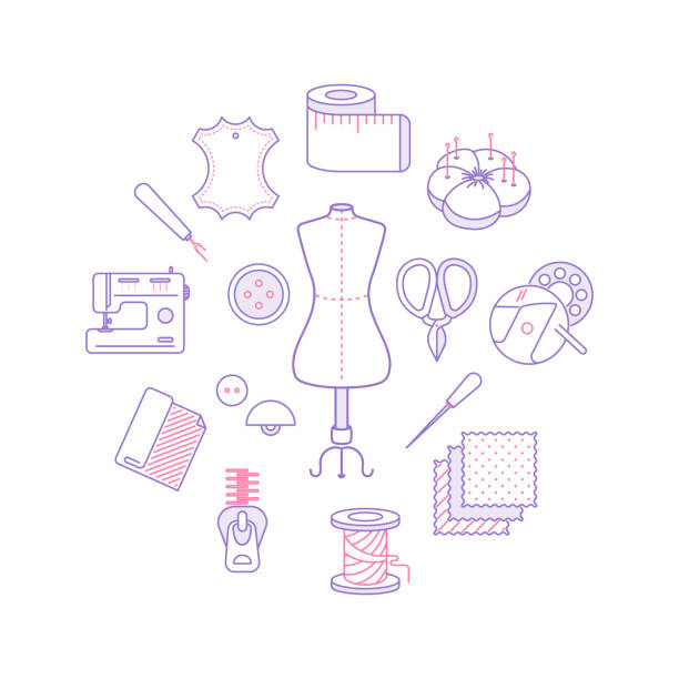 ilustrações de stock, clip art, desenhos animados e ícones de thin lines sewing icons set - sewing pattern