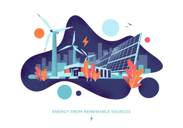 illustrazioni stock, clip art, cartoni animati e icone di tendenza di illustrazione dello stile del cerchio fluido della centrale elettrica solare ed eolica - energia rinnovabile