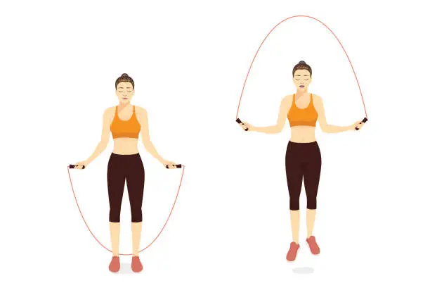 Vector illustration of Woman doing Exercise with Jump skipping Rope in 2 step.