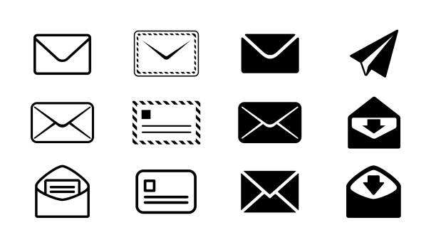 e-mail-icons design-teile setzen schwarz-weiß monochrome vektor-illustrationsbild-bildmaterial - e mail stock-grafiken, -clipart, -cartoons und -symbole