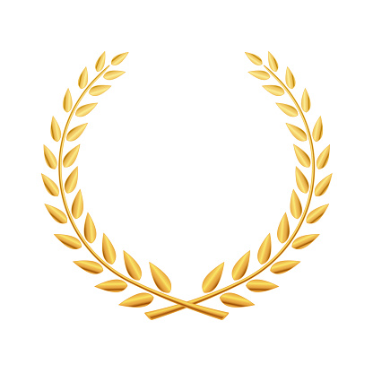 Golden laurel wreath with ribbon isolated on white background. Vector design element