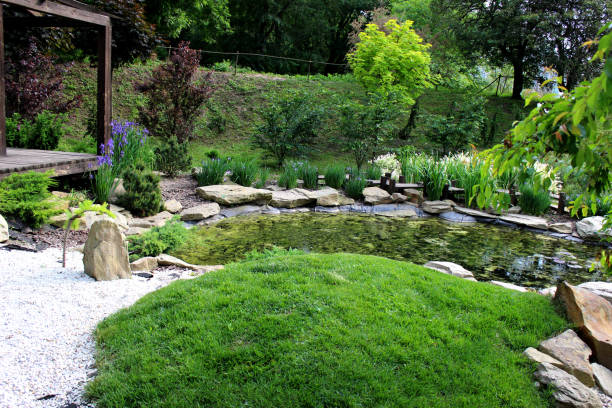 istock Landscaping design outdor exterior with architectural decorative elements. 1155425165