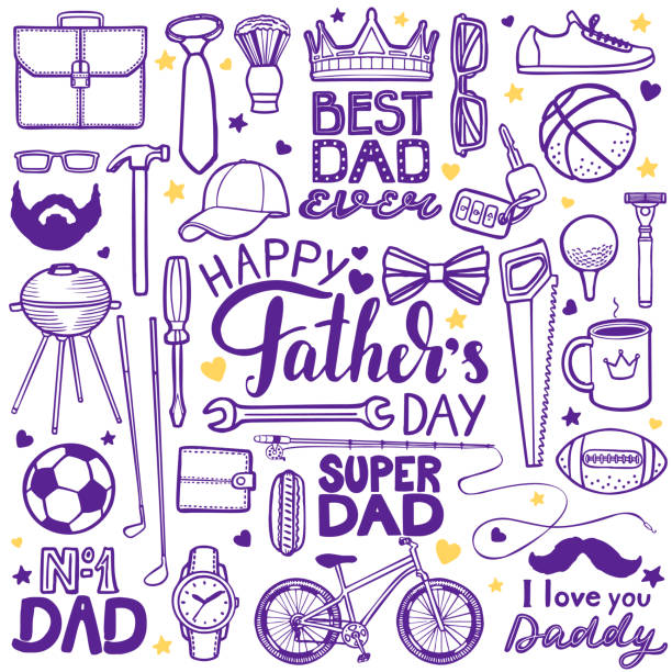 ilustraciones, imágenes clip art, dibujos animados e iconos de stock de día de los padres conjunto en estilo dibujado a mano - papá