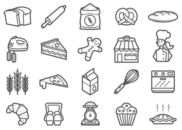bildbanksillustrationer, clip art samt tecknat material och ikoner med bageri linje ikoner set - cinnamon buns bakery