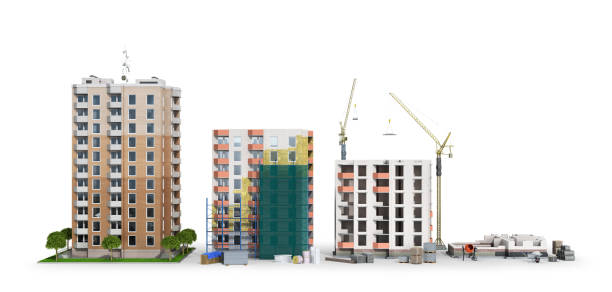 istock Building. Phased construction of a modern residential complex, isolated on white background. 3D illustration 1155427935