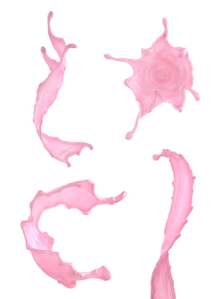 白の背景に分離されたイチゴジュースの異なる飛沫のセット。3d イラストレーション - raspberry milkshake ストックフォトと画像