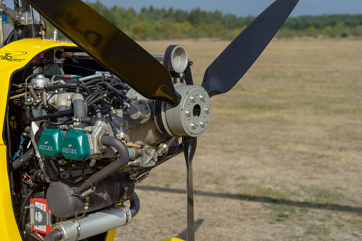 Gifhorn, Germany, September 16, 2018: Detsil view of the engine of a gyrocopter