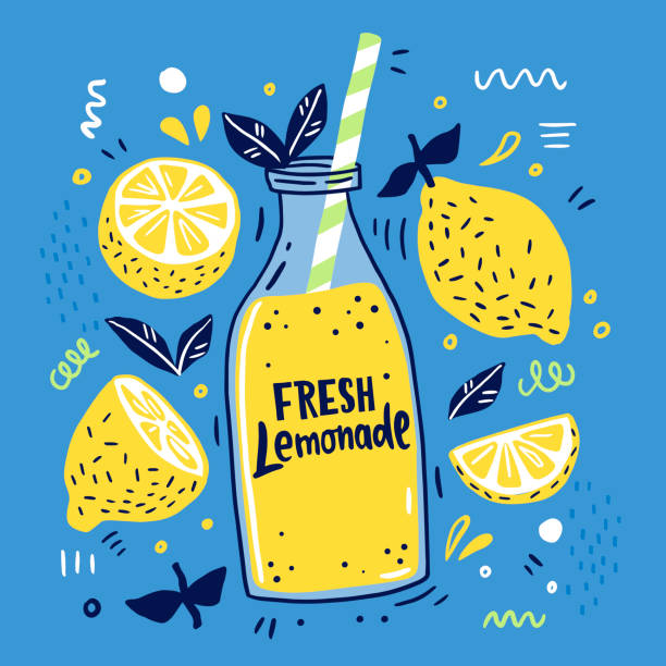 Fresh lemonade and it's ingredients. Fresh lemonade and it's ingredients. Lemon, lemon slice, mint and hand written text. Summer Doodle style lemon fruit stock illustrations