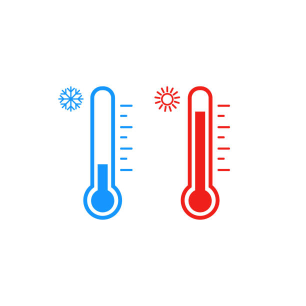 ilustraciones, imágenes clip art, dibujos animados e iconos de stock de conjunto de iconos de termómetro. clima frío y caliente. vector. aislado - calor
