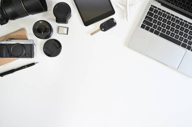 istock Photographer desk with top view workspace. 1155430367