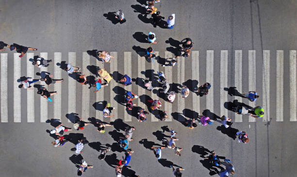 istock Aerial. People crowd on pedestrian crosswalk. Top view. 1155431030