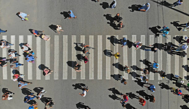 istock Aerial. People crowd on pedestrian crosswalk. Top view. 1155431032