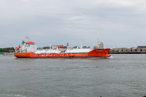 Hoek van Holland,Netherlands,10-june-2019:liquid gas tanker entering the harbour of rotterdam, the harbor is the biggest of holland and called maasvlakte europoort