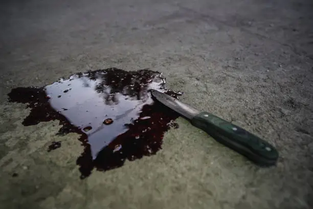 Photo of Knife lying in a pond of blood