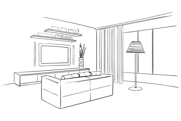 Living room interior sketch. vector art illustration